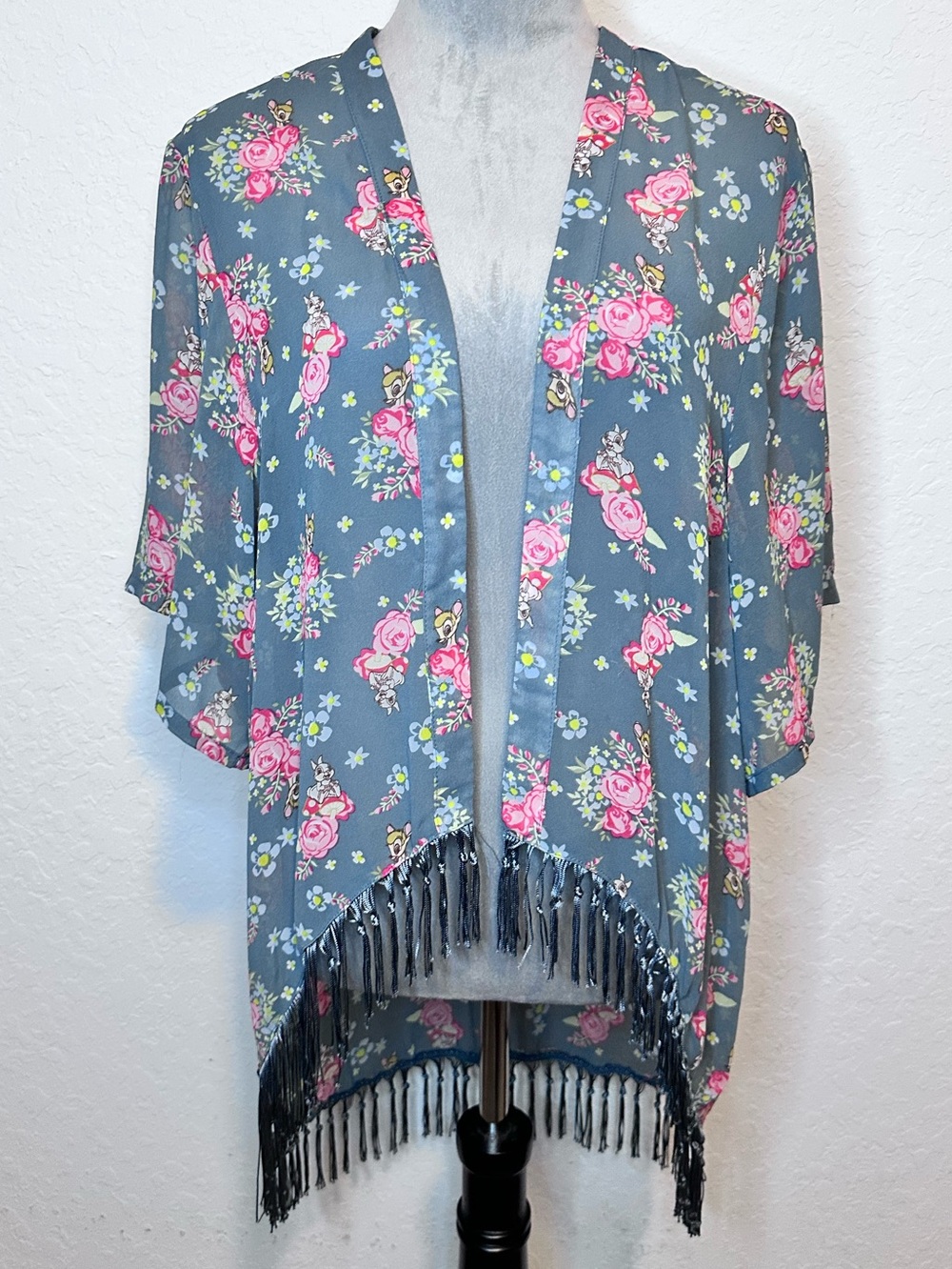 Disney Bambi Floral Fringe Kimono Cardigan Gray Pink Roses Open Front Small
